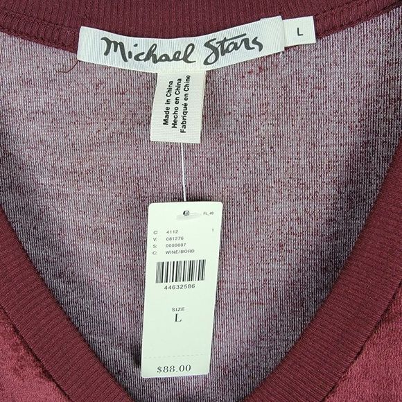 Michael Stars Wine Stretchy Velvet V-Neck Short Sleeves Pullover Top Size L - Picture 7 of 9